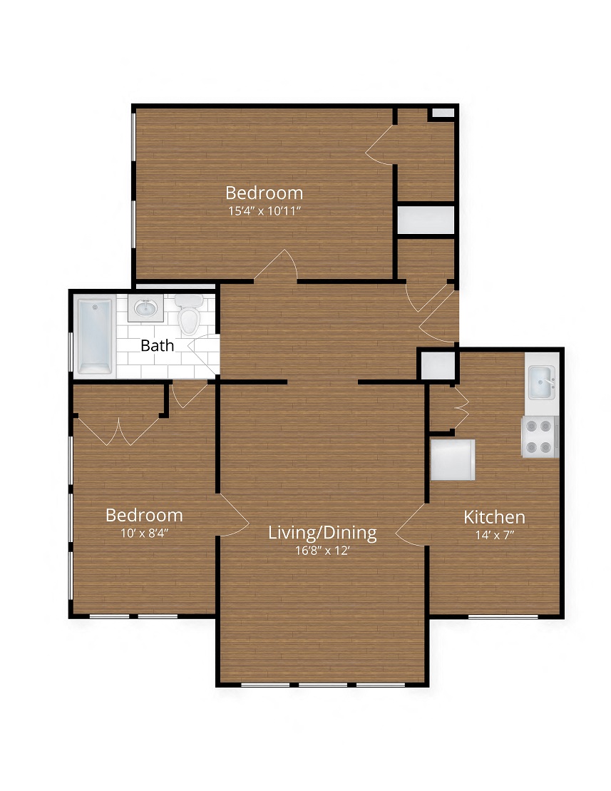 Floor plan for 2 beds, 1 bath, 804 sqft